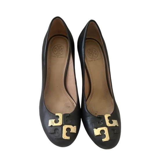 Tory Burch Shoes - RARE Tory Burch Leather Black Lowell Wedges GOLD Logo
